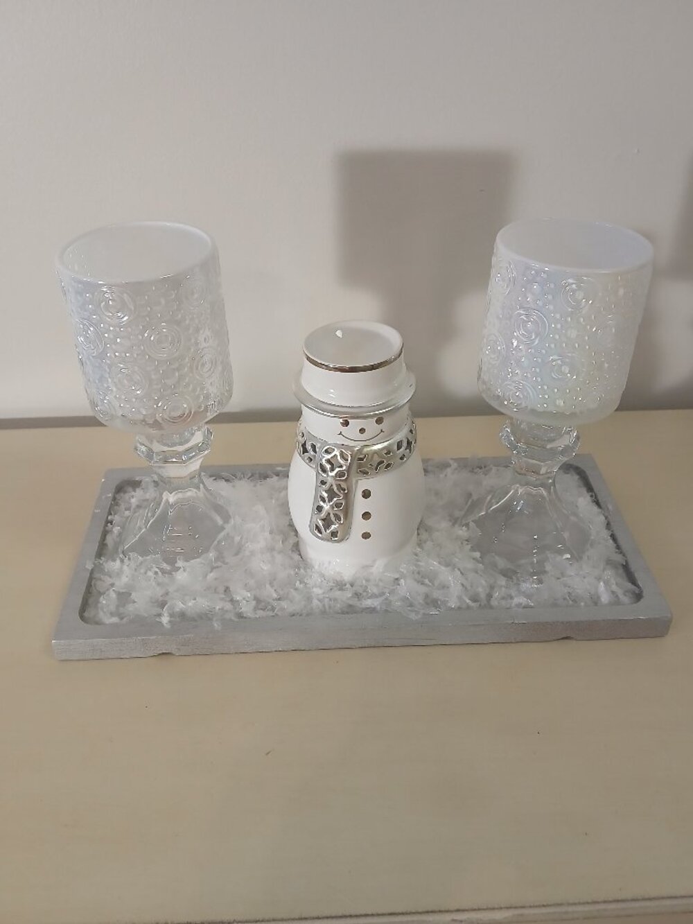 Vintage 2009 Harry Slatkin ceramic tealight snowman with tray and candleholders